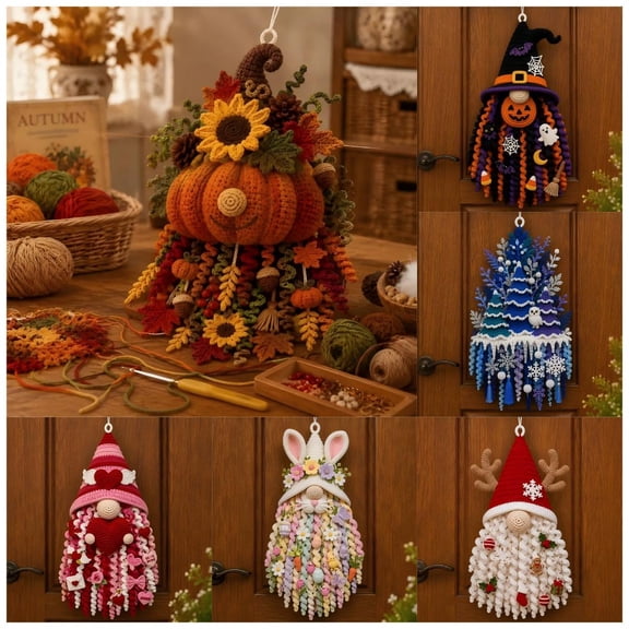 DIY Crochet Seasonal Door Hanger Kit 6 Designs, 3D Yarn Wall Decor Craft for Home, Beginner-Friendly with Instructions