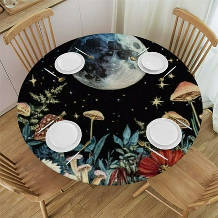 

Patifu Night Sky Flowers Mushrooms Round Table Cover Stain Resistant Washable Kitchen Dining Wedding Parties 100% Polyester with Elastic Edge Outdoor Indoor Picnic Camping 31 -35