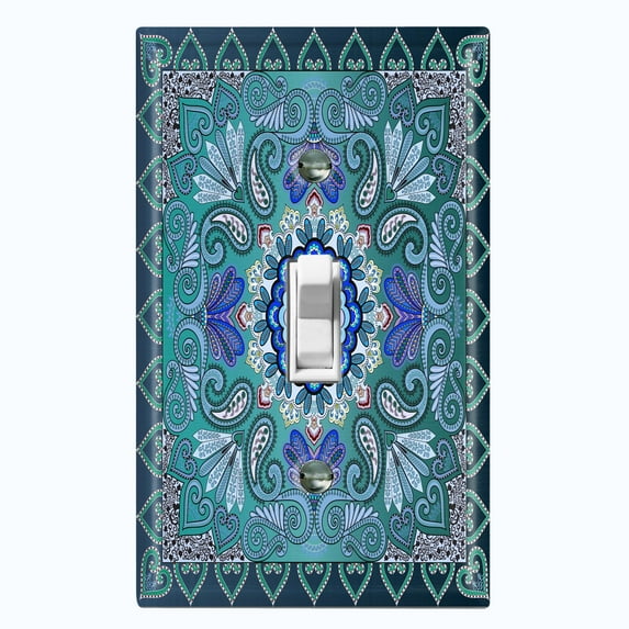 Metal Light Switch Plate Cover Elegant Teal Mandala Flower Tile Pattern TIL062