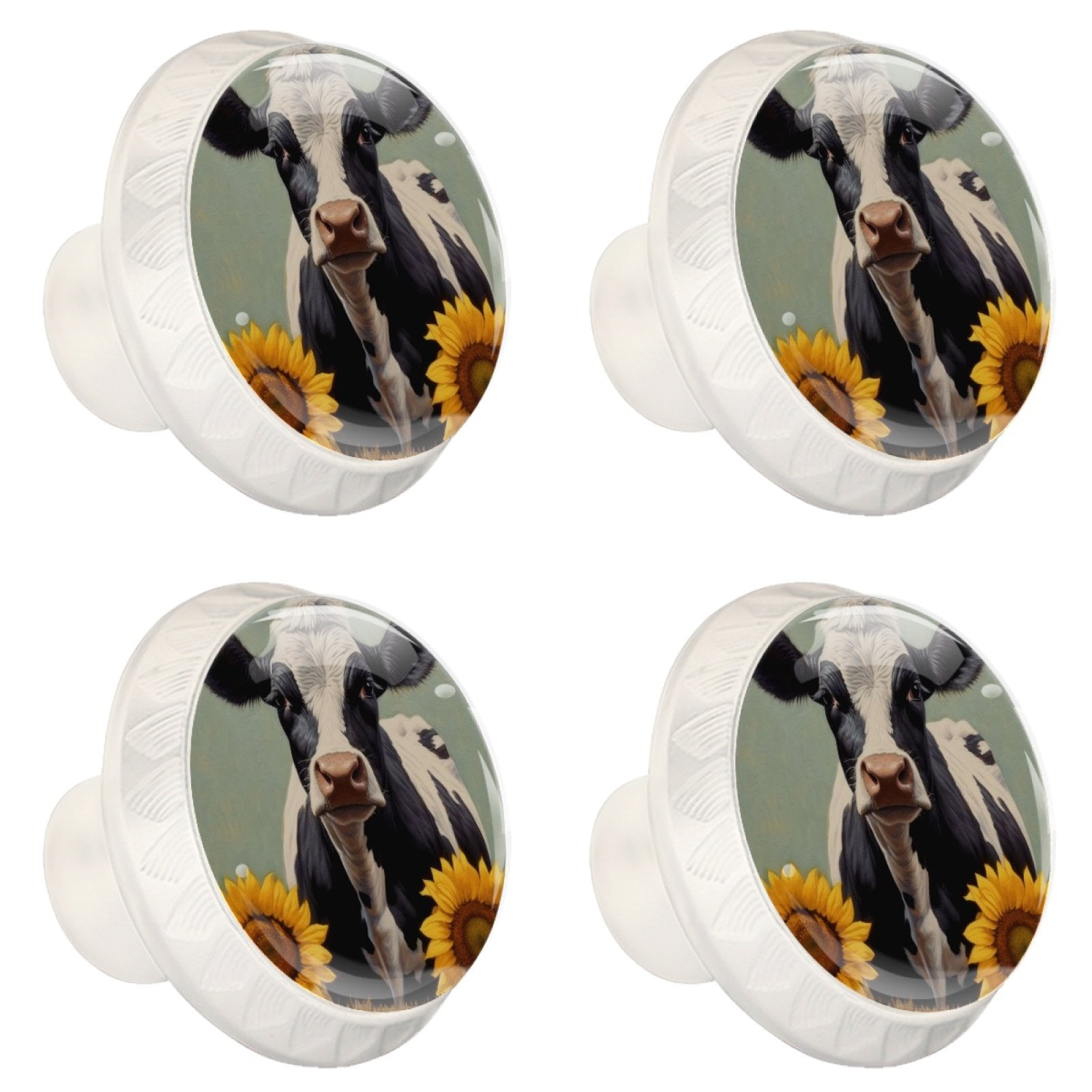 4 Pcs Cow and Sunflower Knobs for Kitchen Cabinet Cupboard Dresser Bookcase Drawer Pulls Handles Round Home Decor