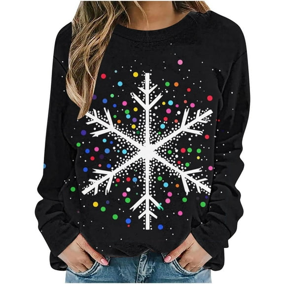 Lorytime Christmas Sweatshirt for Women Crewneck Snowflakes Print Shirt Long Sleeve Pullover Loose Tops for Festive