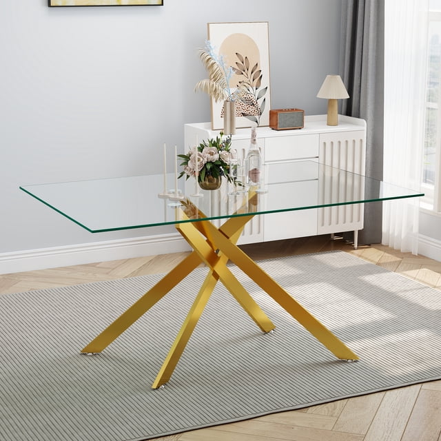 51.18" Rectangular Clear Tempered Glass Dining Table,Stylish Design with Golden Metal Legs, Dining Table for Dining Room,Gold