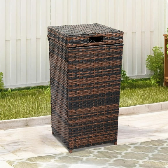 LYYHTY Wicker Patio Trash Can, 27 Gallon Rattan Trash Can with Removable Lid, Outdoor Wicker Waste Basket, Wast Container (Brown)