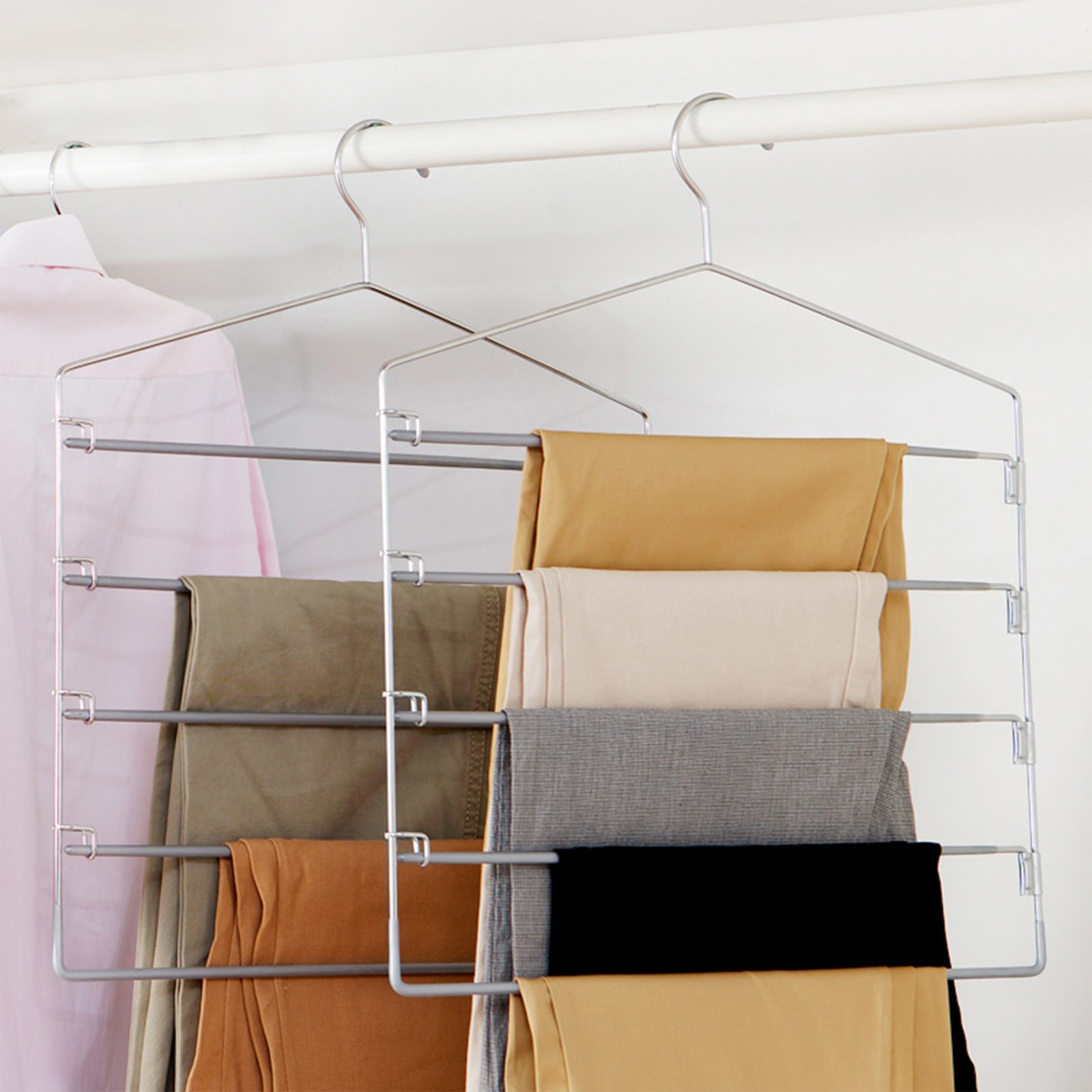 XKHZJL Pants Hangers Non Slip, Space Saving Hangers Multi-Layer Swing Arm Pants Hanger Stainless Steel Space Saver Hanger Closet Storage Organizer for Jeans Trouser Slacks Clothes