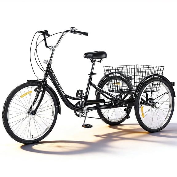 MENGFANMIN Adult Tricycle 7 Speed, 24 inch 3 Wheel Bikes Extended Rear wheelbase Tricycle Wheel Bike with Basket,for Women、Seniors Maximum Load 550lbs
