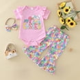 thumbnail image 2 of Kaprioy My First Easter Baby Girl Outfit Girls Clothes Short Sleeve Easter Cartoon Rabbit Printed Romper Bodysuit Bell Bottoms Pants Headbands Outfits 3PCS Set, 2 of 7