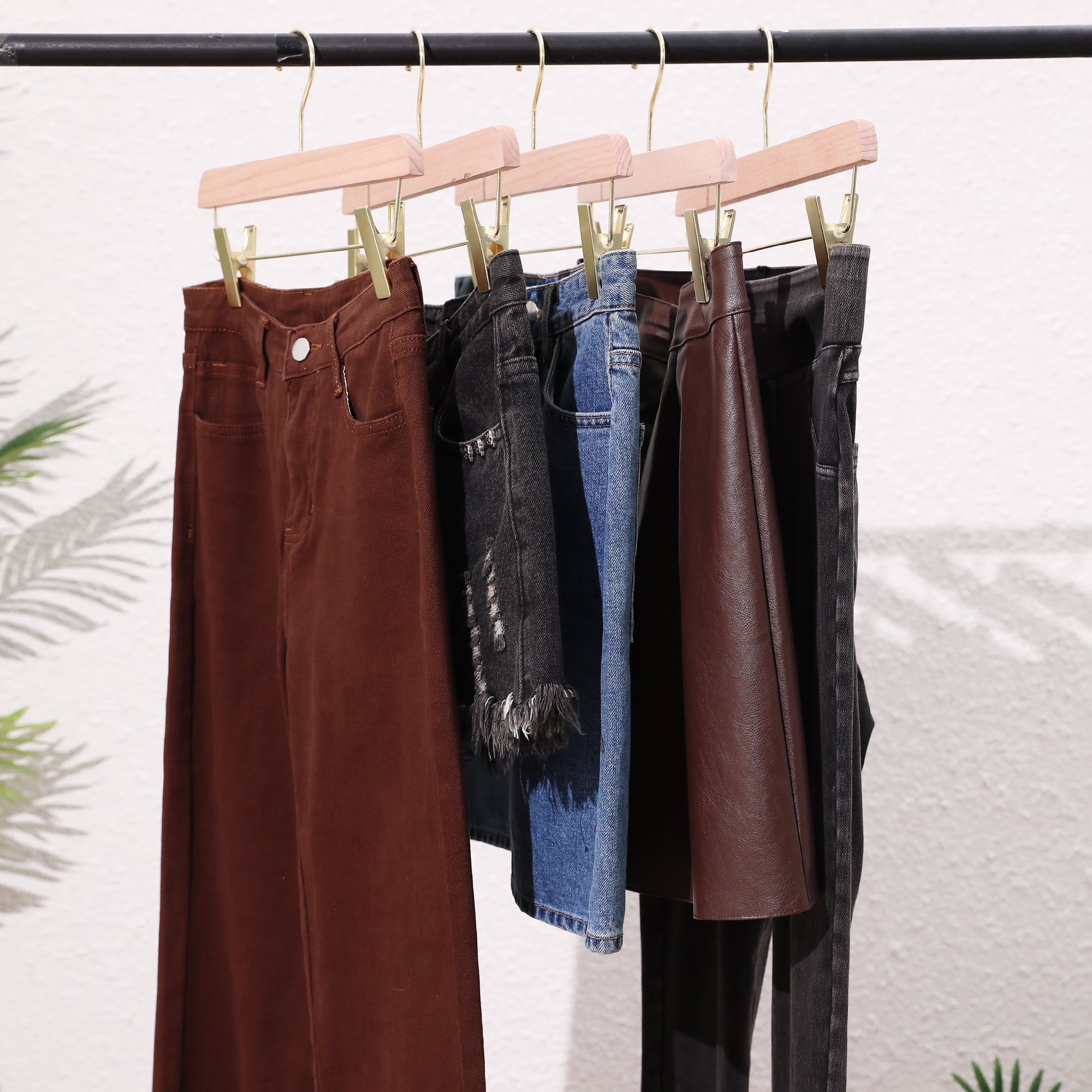 Unique Bargains Wood Hangers with Pinch Clips for Clothing and Pants 10 Pack Gold