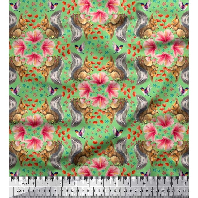 Soimoi Poly Georgette Fabric Floral,Hummingbird & Squirrel Animal Printed Craft Fabric by The Yard 52 Inch Wide