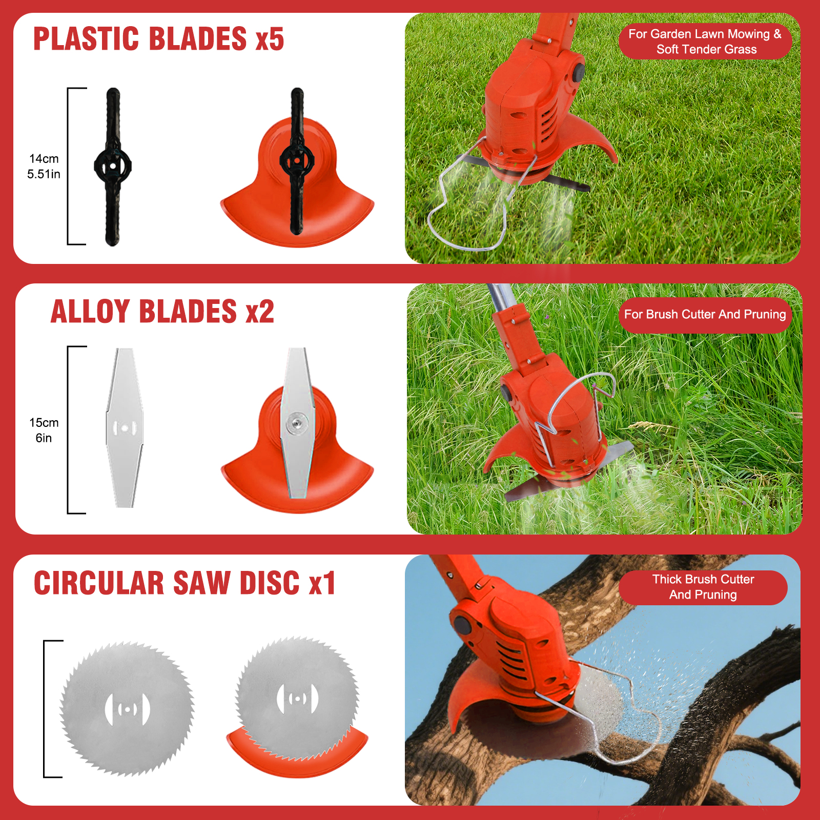 BAOKALER 24V Cordless Weed Trimmer, 650W Electric Weed Wacker, Battery Powered Weed Eater for Lawn Yard Garden, 2PC 2000mAh Batteries and Charger, 3 Types of Blades, Red