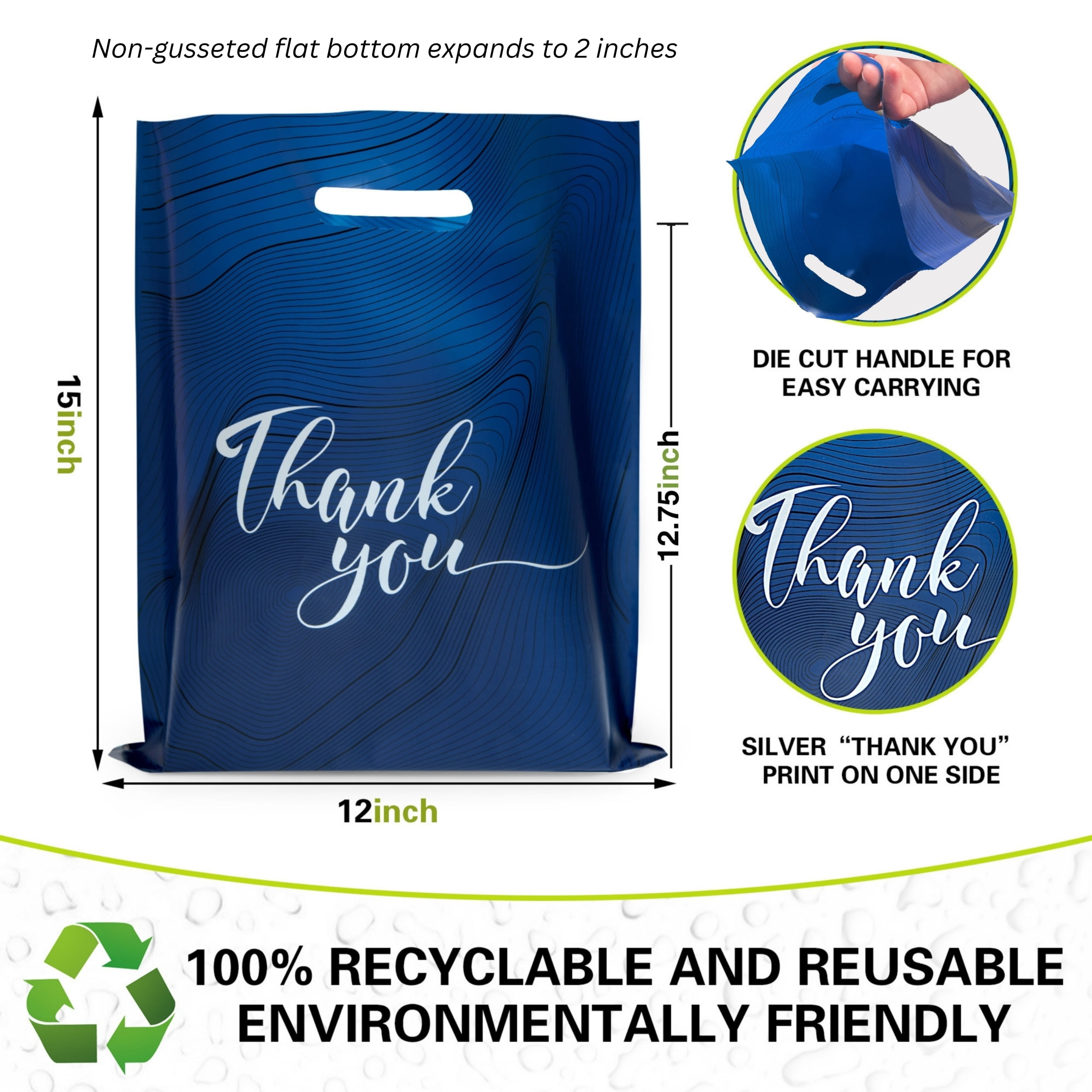 Rainbows & Lilies 100 Blue Thank You Plastic Bags with Handles, 12x15 Bulk Shopping Bags for Small Business, Retail, Merchandise, Gifts, Party Favors