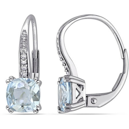 Tangelo 1-3/4 Carat T.G.W. Cushion-Cut Aquamarine and Diamond-Accent 10kt White Gold Leverback Earrings