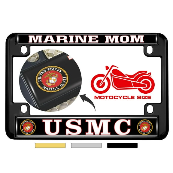 [Officially Licensed USMC Product] - Motorcycle Domed Custom-Made Personalized Metal License Plate Frame Frame with Marine MOM USMC Design - Black