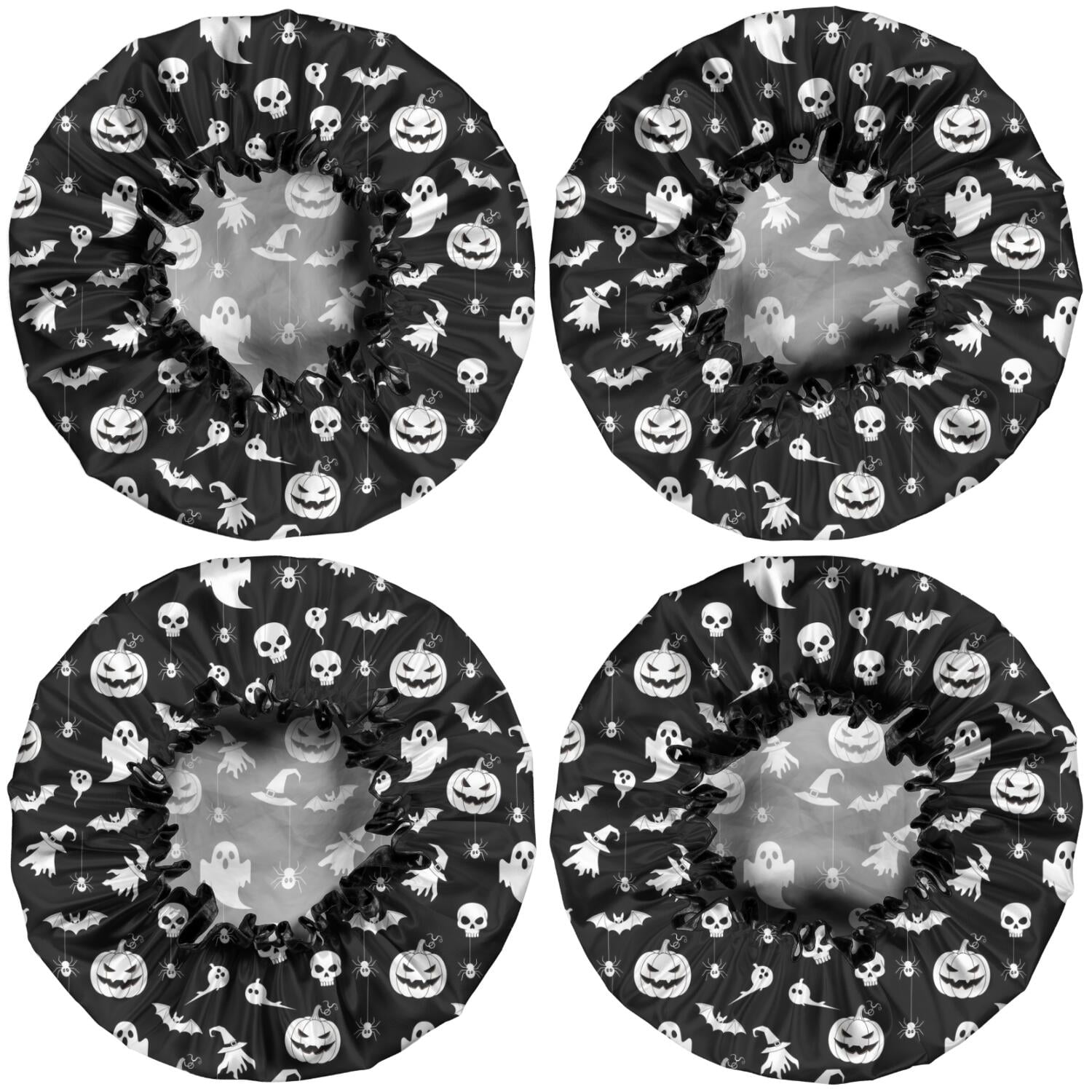 Shower Caps,Black Halloween Ghost Pumpkin Pattern Waterproof Shower Cap for Women 4 Pieces,Double Reusable Hair Cover for Shower PEVA Elastic Stretch Hem
