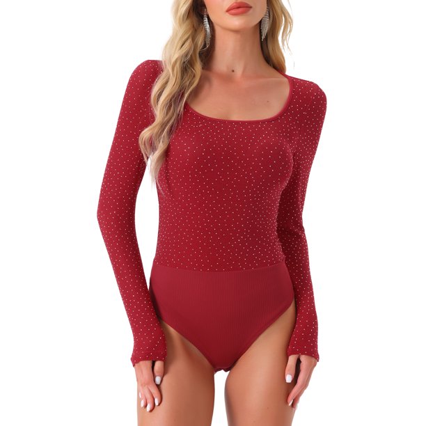 INSPIRE CHIC Bodysuits de Fiesta para Mujeres con Puntos Metálicos Brillantes, Cuello Cuadrado, Manga Larga, Talla XL, Rojo