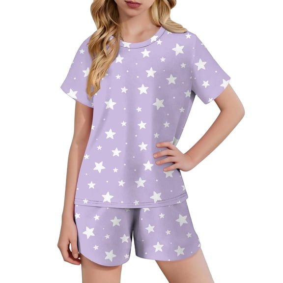Cethrio Girls Summer Outfit Sets, Casual Soft Short Sleeve Crewneck Girls' 2 Piece Sets Purple Size 7-8 T