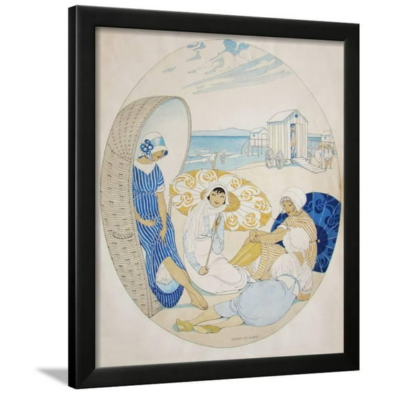 Chatting on the Danish Beach, Figurative Seasons Framed Art Print Wall Art by Gerda Wegener