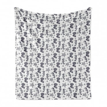 Seahorse Soft Flannel Fleece Blanket, Engraving Style Tropical Underwater Animals Pattern with Starfish Seahorse, Cozy Plush for Indoor and Outdoor Use, 50" x 60", Indigo and White, by Ambesonne