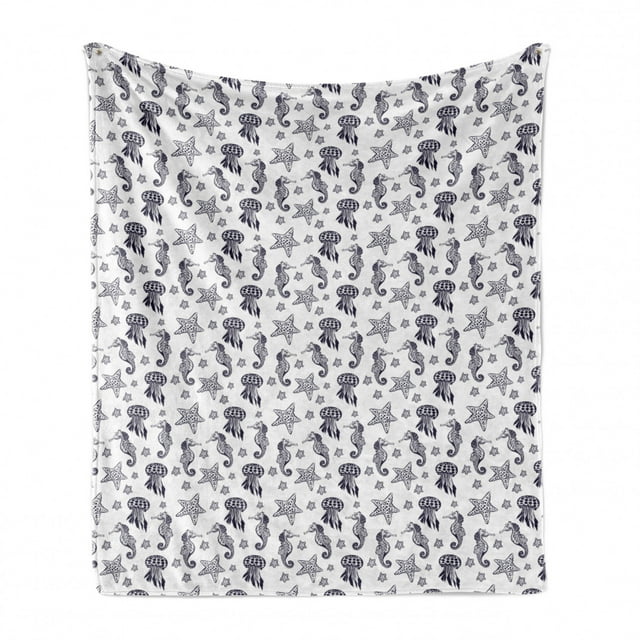 Seahorse Soft Flannel Fleece Blanket, Engraving Style Tropical Underwater Animals Pattern with Starfish Seahorse, Cozy Plush for Indoor and Outdoor Use, 60" x 80", Indigo and White, by Ambesonne