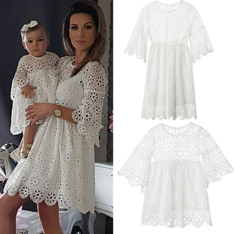 Mother Daughter Matching Lace Crew Neck Mini Dress Hallow Out Family  Matching Dresses