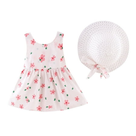 

TUOBARR Summer Savings Clearance 2023! Girls Summer Dress Toddler Baby Girls Printed Patterns Beach Princess Party Dresses Bow Sundress with Hat Set Pink 80