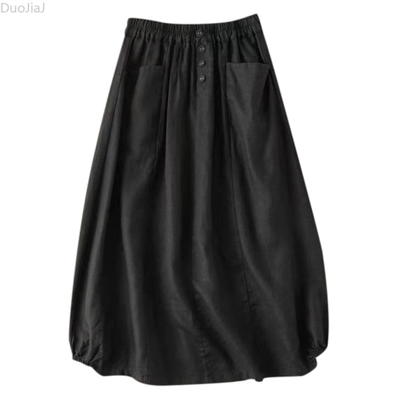 DuoJiaJ Women's Fashion Vintage Linen Mid Length High Waisted A Line Skirt A Line Skirts Women Black L