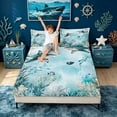 thumbnail image 3 of meiyoeat Watercolor Shark Bed Sheets for Men Boys, Undersea Coral Animal Full Size Sheets, Teal, 4pcs, 1 Flat Sheet, 1 Fitted Sheet and 2 Pillowcases, 3 of 5