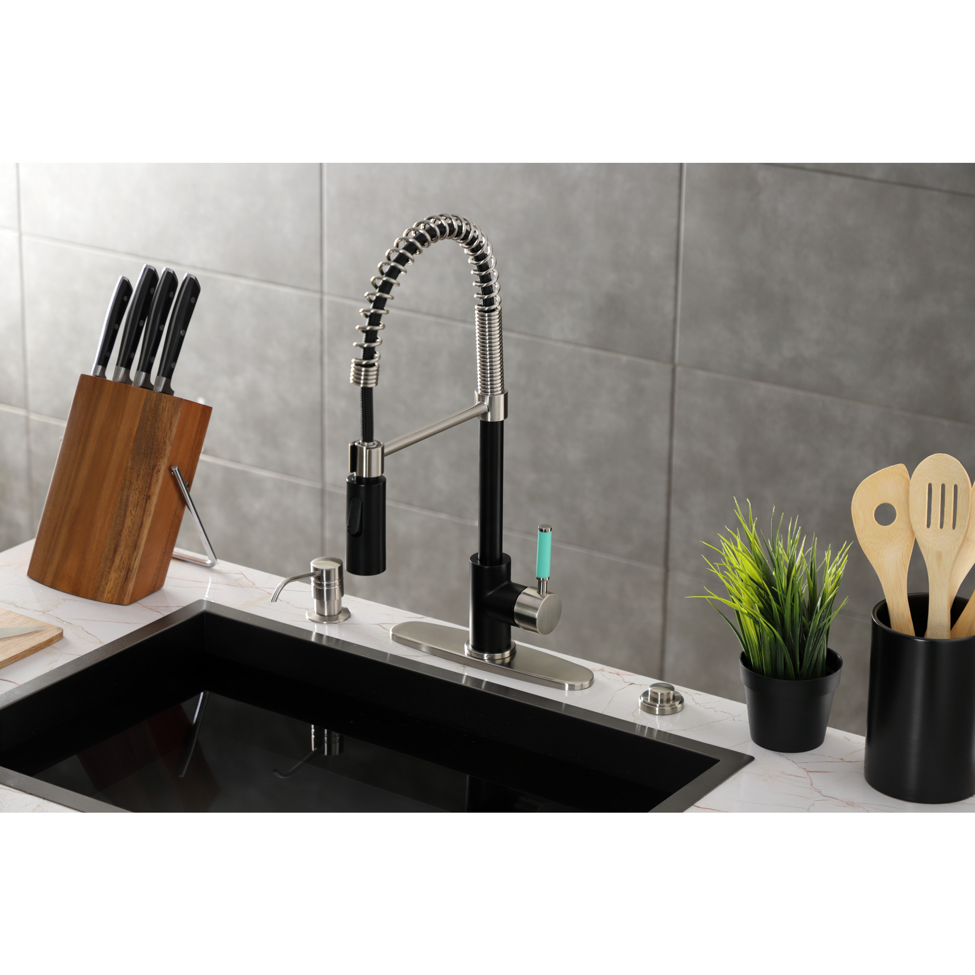 Gourmetier LS8779DKL Kaiser Single-Handle Deck-Mount Pre-Rinse Kitchen Faucet, Matte Black/Brushed Nickel