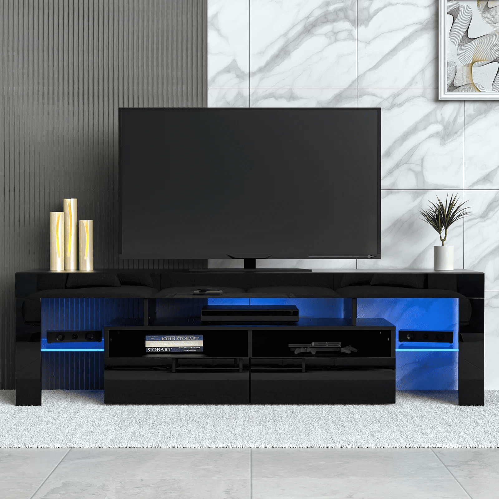 PWFE LED Light TV Stand for 55/60/65 inch TV, Modern Gloss Entertainment Center with Drawer and Glass Open Shelf, TV Console Table for Living Room, Black