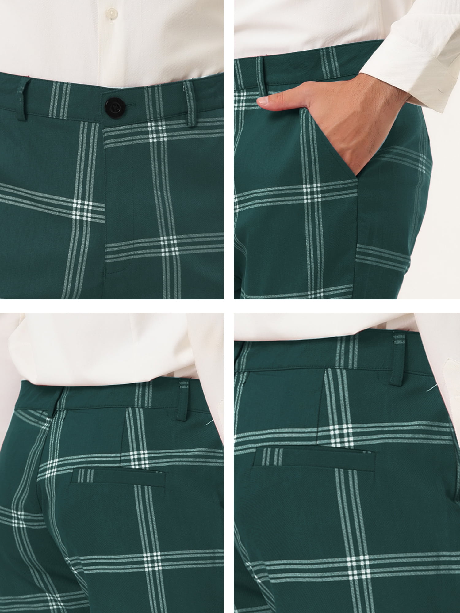 Unique Bargains Men's Business Plaid Pants Casual Slim Fit Flat Front Checked Trousers 36 Green