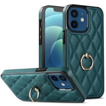 ELEHOLD for iPhone 12 6.1 inch 2020 Case, Luxury Rhomboid Quilted PU Leather Soft TPU Bumper 360 Degee Rotatable Metal Finger Ring Holder Kickstand Shockproof Case for iPhone 12, Darkgreen