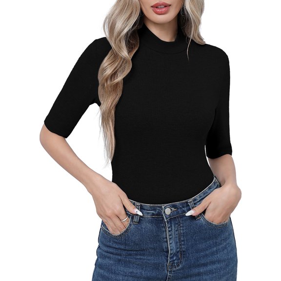 HOWCOME Short Sleeve Women Shirts Mock Neck Slim Fit Summer Tops Basic Tees Black L