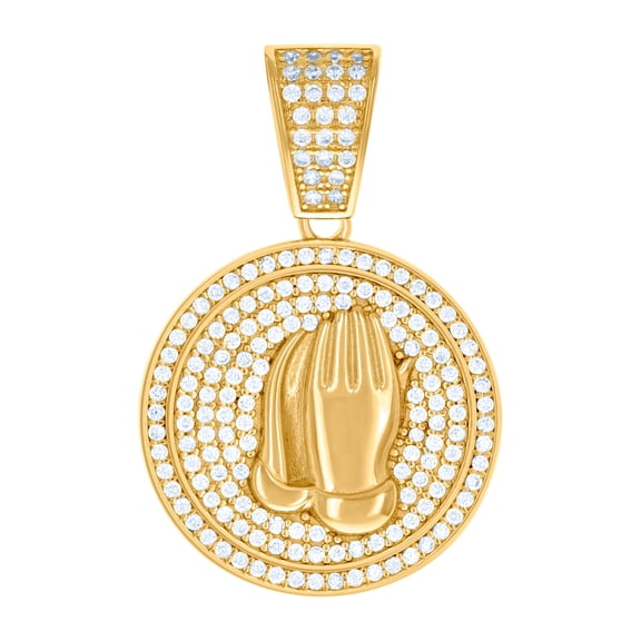 925 Sterling Silver Yellow-tone Mens Cubic Zirconia Praying Hands Symbol Religious Charm Pendant 31.9x21mm Wide Necklace
