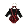 thumbnail image 2 of Bagilaanoe 3Pcs Newborn Baby Girls Overalls Shorts Set Ribbed Long Sleeve T-shirt Tops + Plaid Suspender Romper + Headband 3M 6M 12M 18M  Infant Casual Outfits, 2 of 8