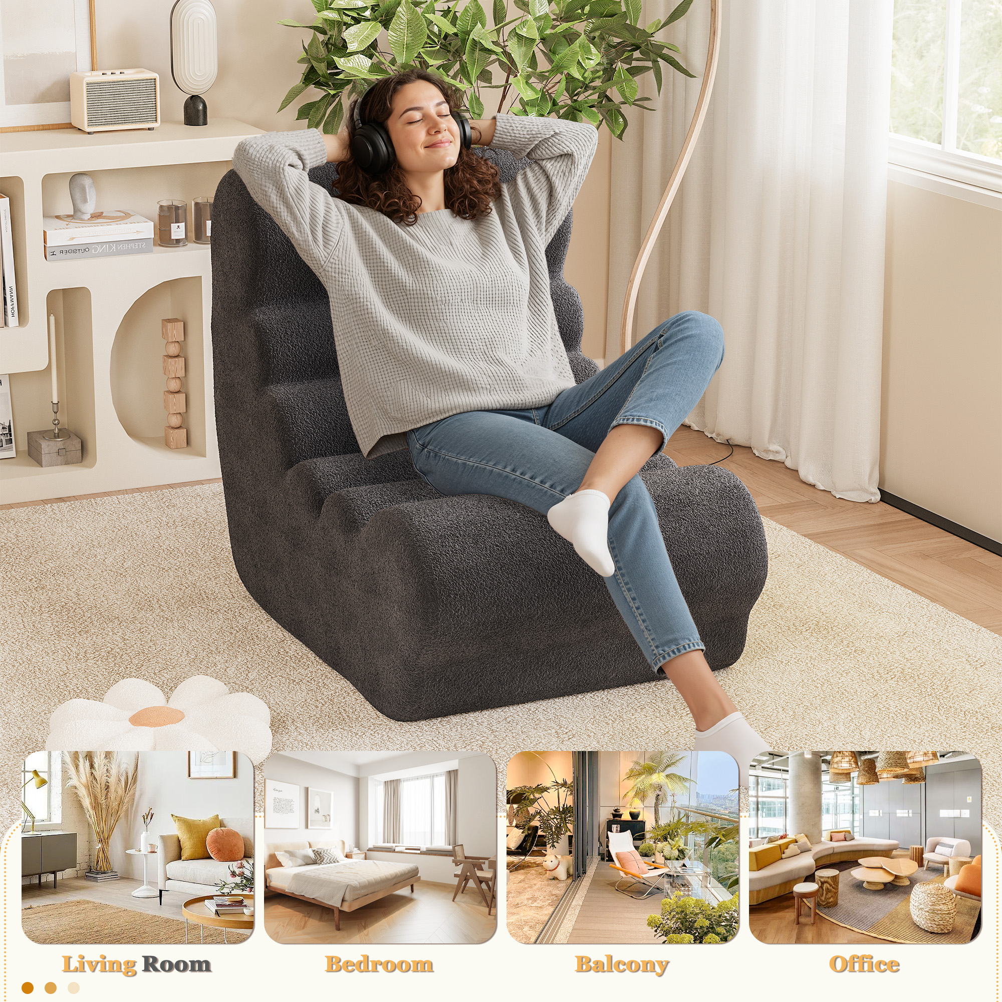 Homall Teddy Plush Bean Bag Chair for Adults – Soft Sponge-Filled Lounge Seat, Comfortable Floor Chair for Living Room and Bedroom, Dark Gray