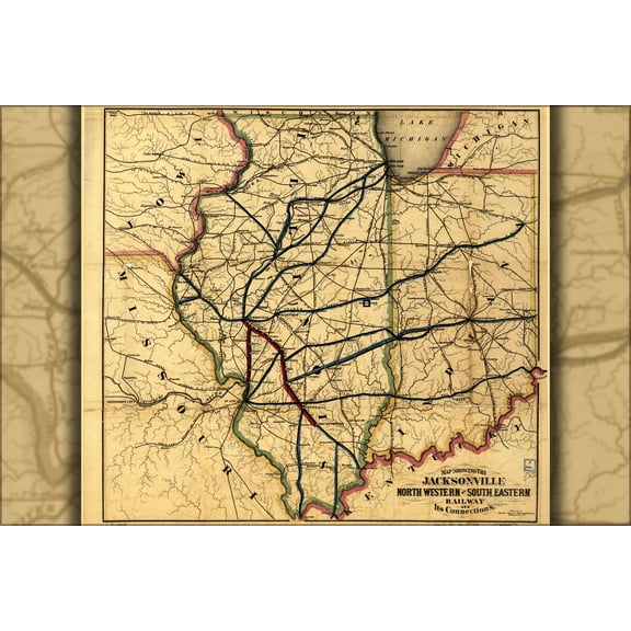 24"x36" Gallery Poster, Map Jacksonville nw & SE Railroad 1850
