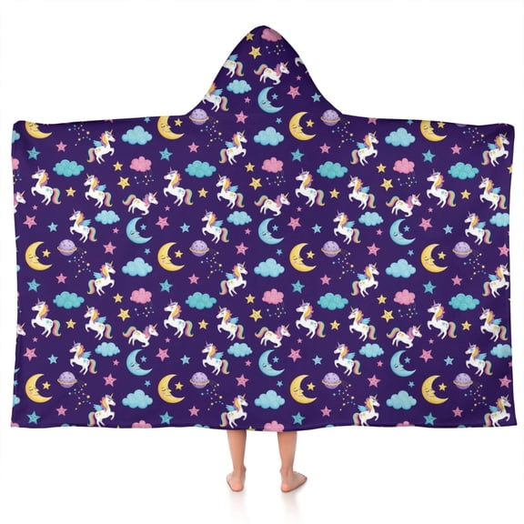 Blue Cartoon Unicorn Moon Cloud Star Pattern Hooded Bath Towel,50"x30" for Ages 3 To 12 Kids, Quick Dry Lightweight Soft Microfiber Hood Beach Towel Cover Up for Kids