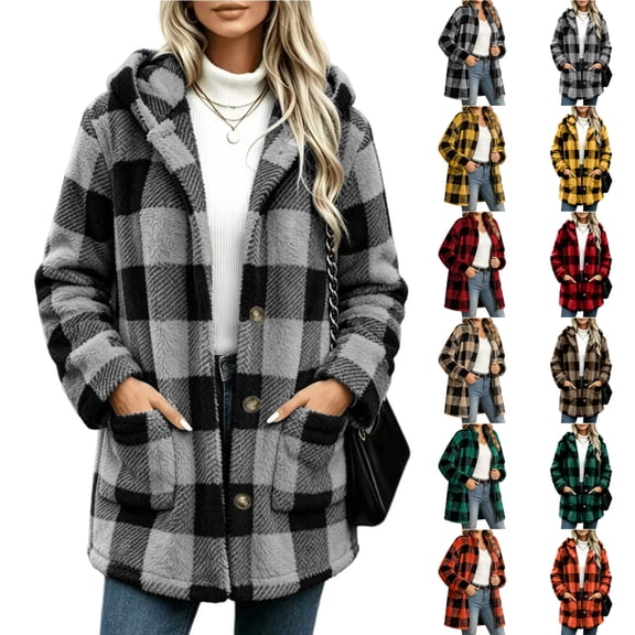 KICILVS Fleece Cardigans for Women Button Down Hooded Plaid Coat Warm Fuzzy Sherpa Cardigan Oversized Winter Outwear with Pockets