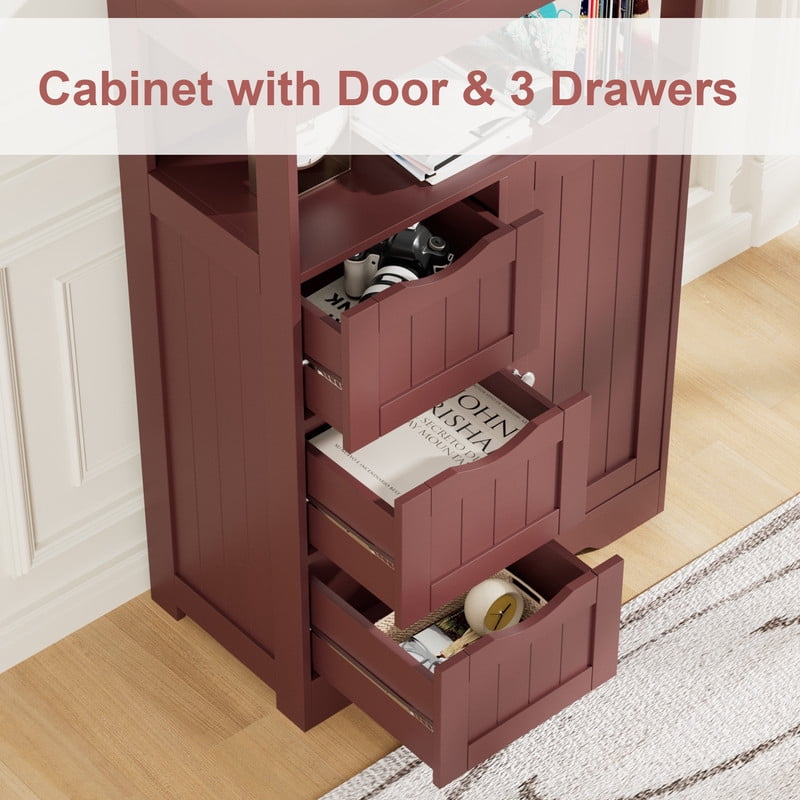 Lacoo Bathroom Floor Cabinet Wooden Storage Organizer with 1 Door, 3 Drawers & Adjustable Shelf Storage Cabinet for Kitchen Living Room Bathroom, Brown