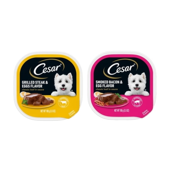 Cesar Fillets In Gravy Smoked Bacon Egg & and Grilled Steak & Egg Variety Pack Wet Dog Food, 3.5 Oz Tray, 2 Pack One each