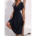 thumbnail image 6 of Womens Solid Color Overlap V Neck Batwing Sleeve Waist Pleated Long Elegant Dress Maxi Navy Blue XL, 6 of 10