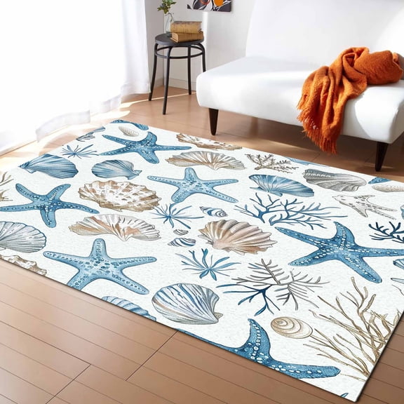 Area Rugs Indoor Non-Slip Rectangle Rug 5x8 Ft Summer Ocean Blue and Brown Starfish Seashell Coral Rug Rubber Backing Floor Mats Non Shedding Home Decor Carpet for Entryway Living Room