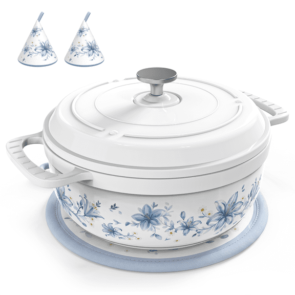 PEXMOR 5QT Enameled Cast Iron Dutch Oven with Lid, Vintage Blue Floral Cookware for Soup, Stew and Braising