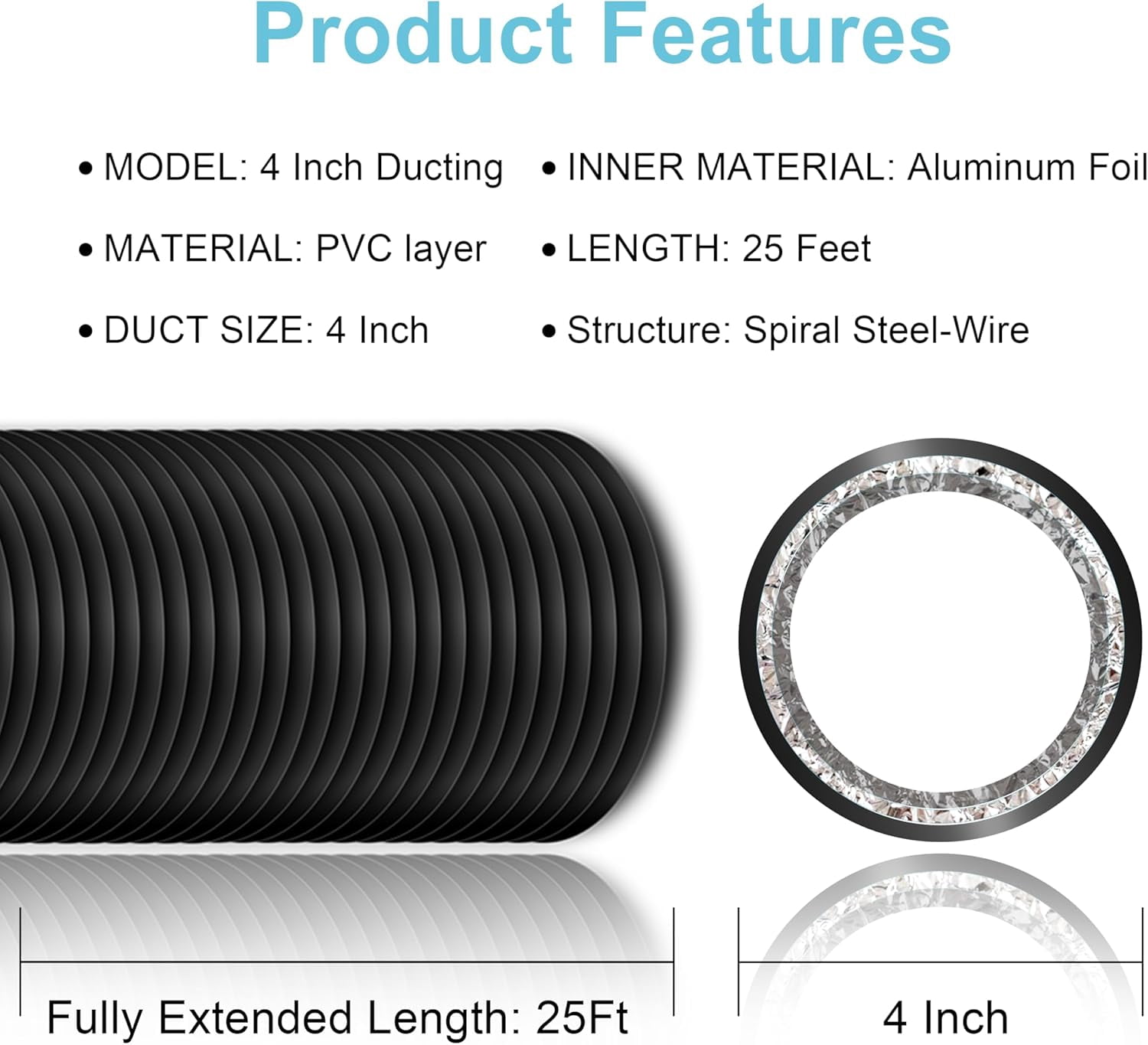 MKEUDQ-4 Inch Aluminum Dryer Vent Hose, 25 Feet Flexible Air Ducting with 2 Clamps, Heavy-Duty 4-Layer Design for HVAC, Dryer Vent, Grow Tent, Bathroom Exhaust, Kitchen Ventilation - Black PVC