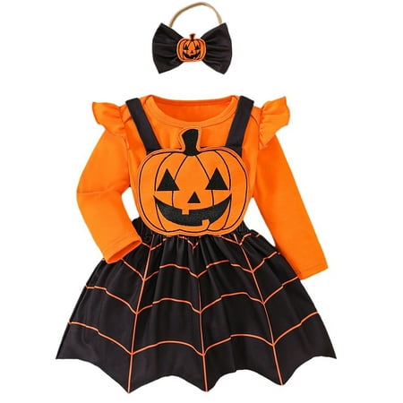 

WIBACKER Newborn Infant Baby Girl Dress Halloween Spider Pumpkin Romper Overalls + Suspender Skirt + Headband Set for Toddler