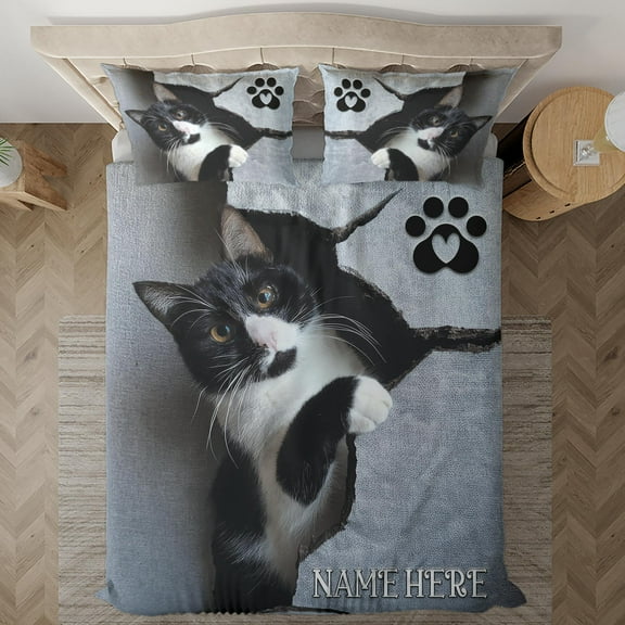 Lotusprinthandmade Personalized Tuxedo Cat Crack Pattern Bedding Set (Made in Vietnam) (60x80), Cozy And Stylish Cat Lover Bedding