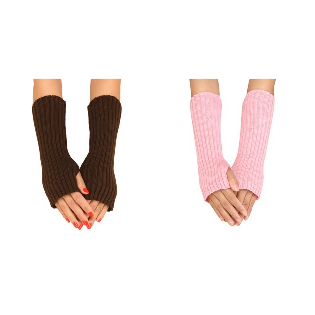 2 Pack(RD2 1PCS & Coffee 1PCS) Multipack Gloves Mittens Women Cold Weather Women Autumn and Winter Solid Color Multicolor Wool Long Striped Knit Half Finger Gloves