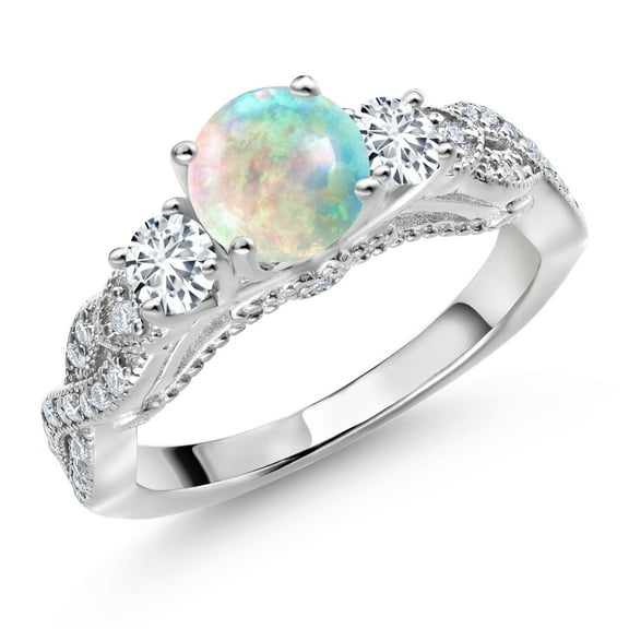 Gem Stone King 925 Sterling Silver White Simulated Opal White Lab Grown Diamond and White Moissanite Engagement Ring for Women (0.77 Ct, Gemstone October Birthstone, Round 6MM and 3MM, Size 5)