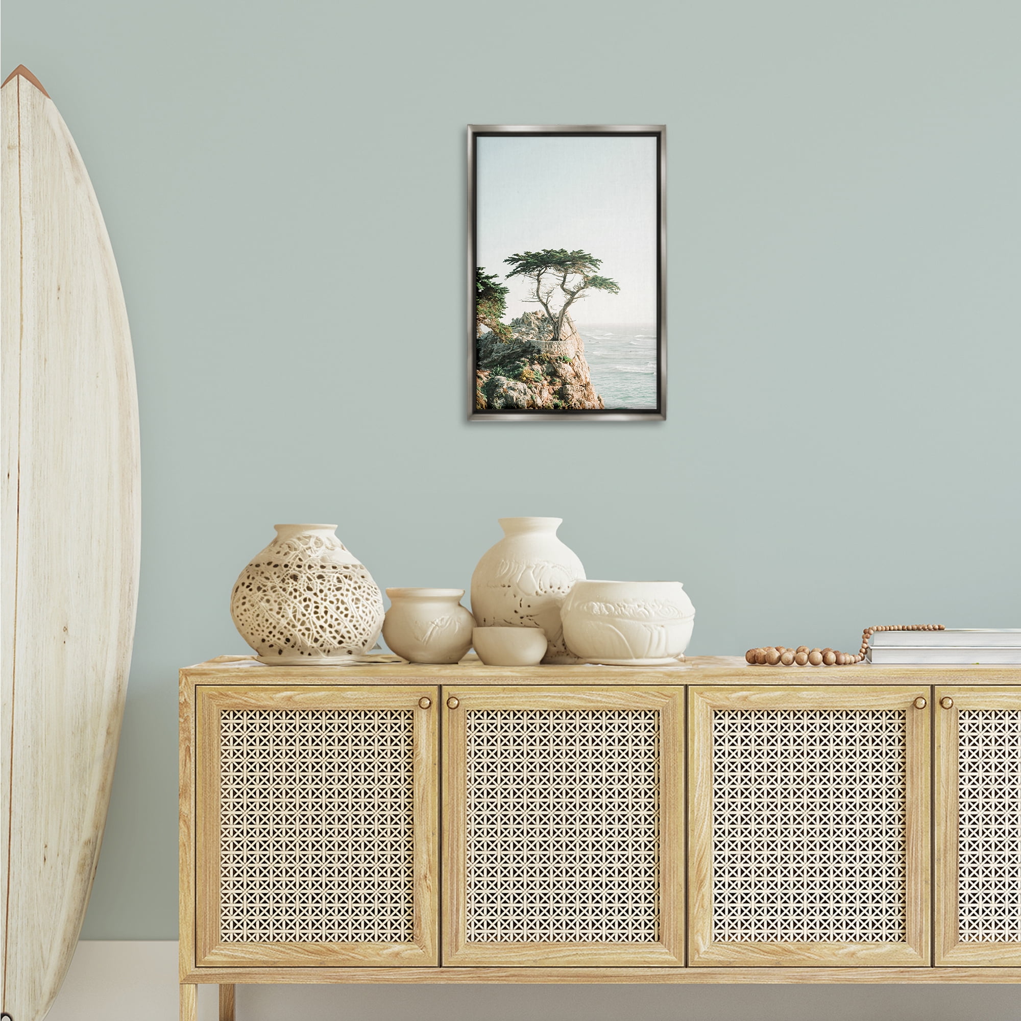 Stupell Industries Tree on Beachside Cliff Nautical & Beach Photography Gray Floater Framed Canvas Art Print Wall Art, 17 x 25