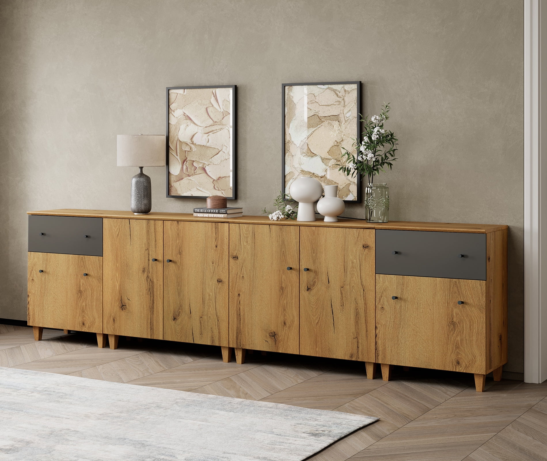 WAMPAT Wide TV Stand for 110+ Inches TVs, 4-in-1 Modern Wooden Media Console with 2 Spacious Drawers and 4 Storage Cabinets for Living Room, Oak Brown