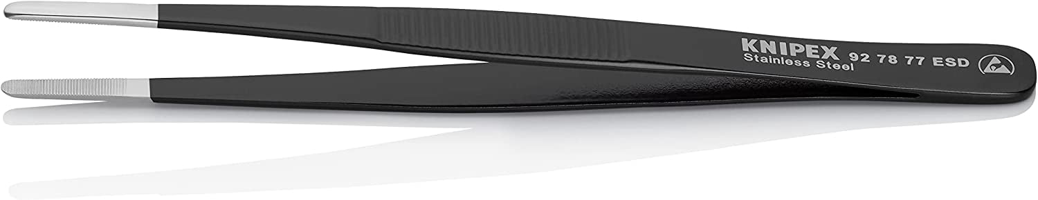 Knipex Tweezers, ESD, Round, Serrated, 5-3/4 In, Blk 92 78 77 ESD